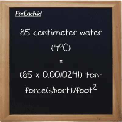 How to convert centimeter water (4<sup>o</sup>C) to ton-force(short)/foot<sup>2</sup>: 85 centimeter water (4<sup>o</sup>C) (cmH2O) is equivalent to 85 times 0.0010241 ton-force(short)/foot<sup>2</sup> (tf/ft<sup>2</sup>)